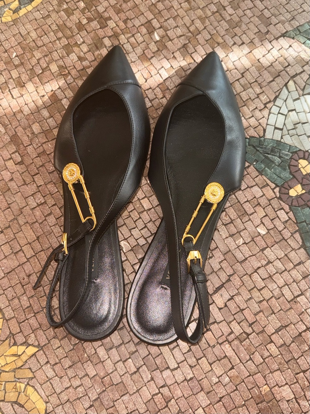 Versace Black Leather Slingback Sandals with Gold Medusa Safety-Pin